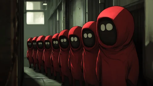 Quiet corridor of red-hooded figures waiting in line.