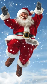 Dynamic midair Santa in red velvet suit with falling snowflakes