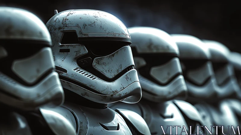 Row of armored sci‑fi soldiers in glossy helmets lineup.