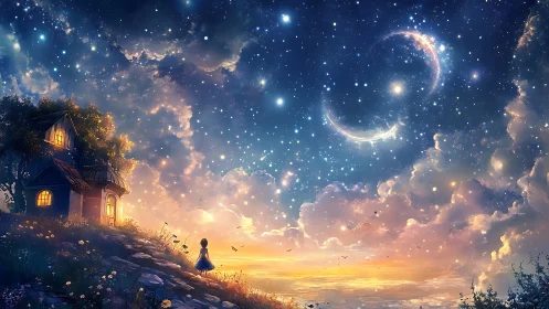 Starlit cottage hill under crescent sky at glowing dusk.