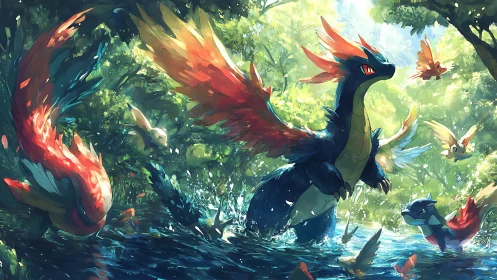 Bright forest dragons splash and soar through sunlit water