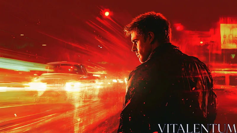 Solitary man stands in red neon traffic blur at night