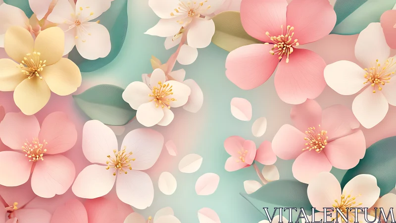 Layered Digital Floral Composition with Soft Color Gradients and Metallic Stamens