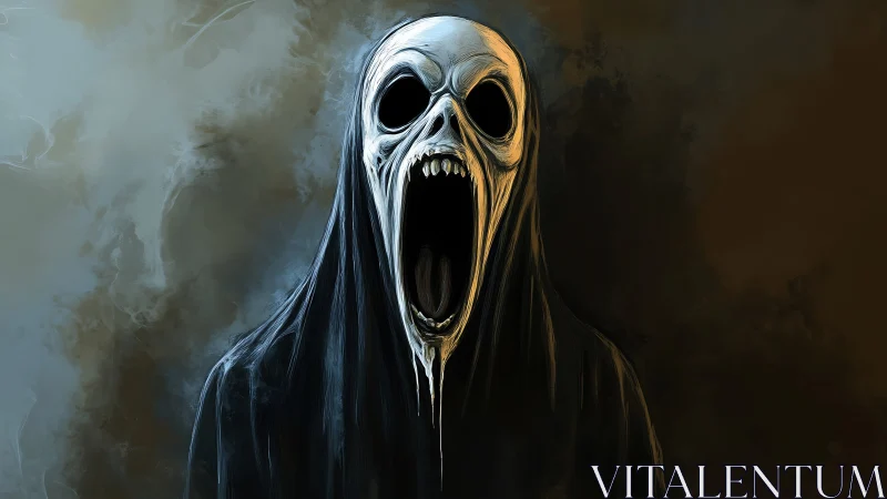 Cloaked skeletal wraith with abyssal jaw in spectral fog field.