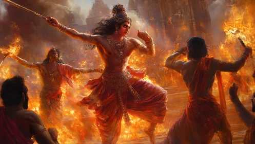 Mythic warrior dancing amid temple inferno with armed devotees