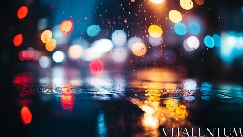 Neon city rain blurs street reflections and night lights.