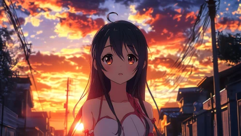 Anime girl on quiet street under vivid sunset sky.