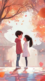 Autumn courtyard confession under floating ember leaves.