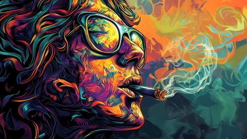 Psychedelic portrait breathes neon smoke into swirling chaos