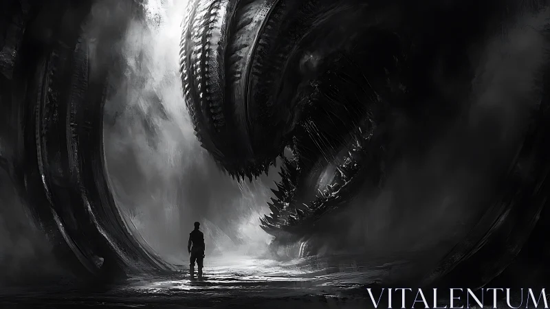 Solitary human confronting colossal biomechanical void predator