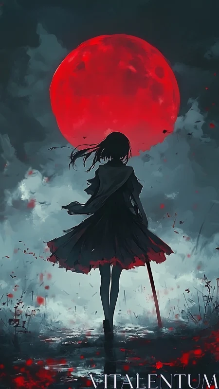 Lone swordbearer walks beneath a blood-red moon’s omen