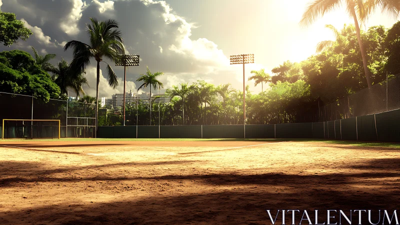 Empty tropical baseball field sits under bright late sun