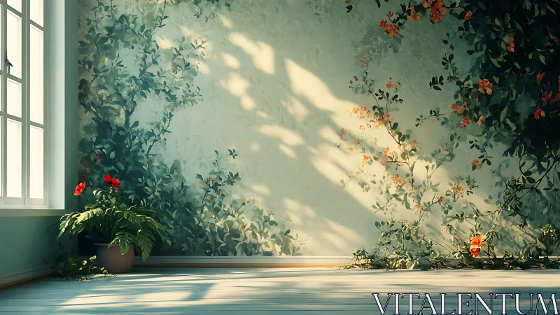Sunlit room corner with floral mural and red potted plant.