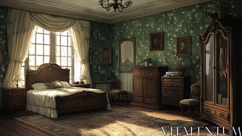 Victorian bedroom bathes carved wood in warm window light.