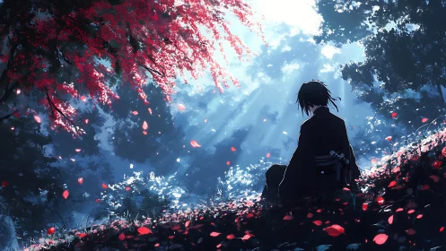 Quiet samurai daydream beneath crimson falling petals.
