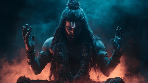 Fire crowned yogi in teal smoke holding midnight silence.