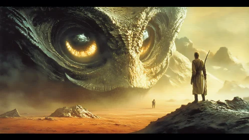 Colossal desert creature meets a lone wanderer in golden dusk
