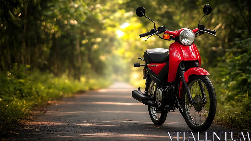 Classic red motorcycle stands on sunlit forest lane at dawn