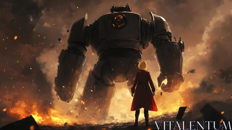 Brave wanderer meets towering robot in a fiery twilight.