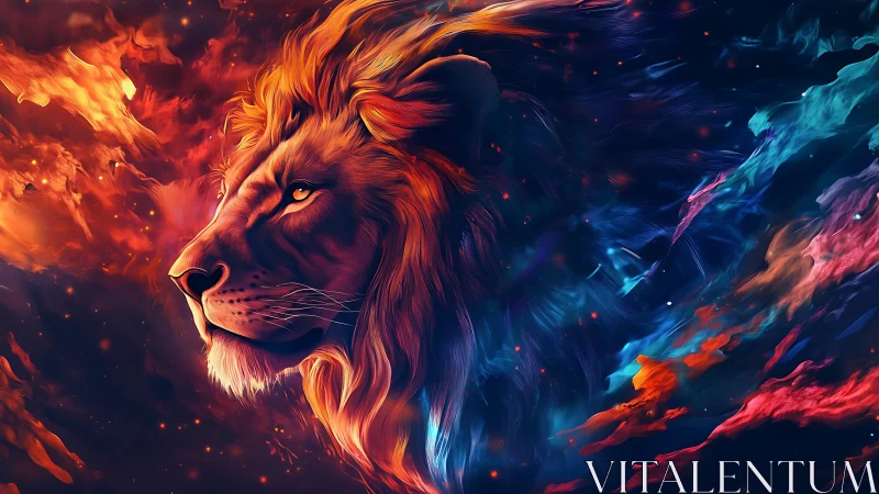 Majestic cosmic lion emerges through swirling neon nebula