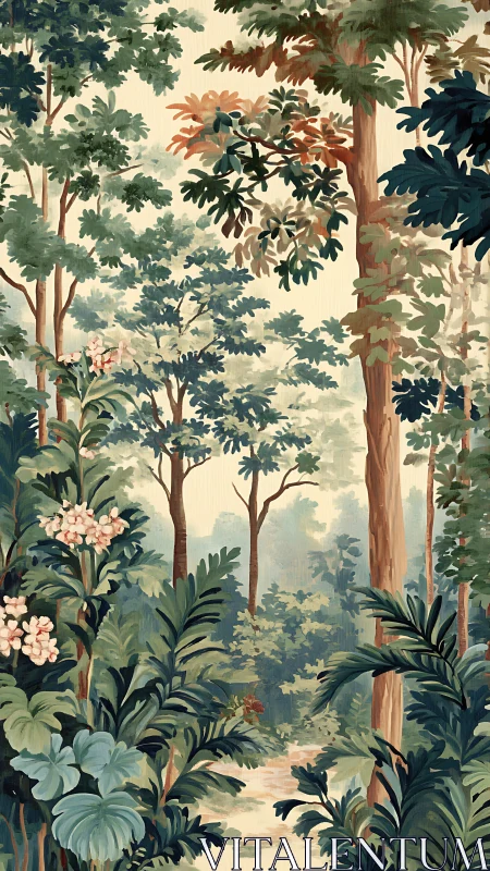 Tropical Forest Sanctuary: Botanical Illustration with Layered Depth.