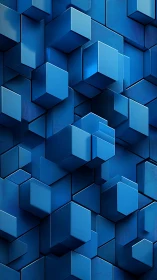 Blue 3D geometric cubes forming abstract layered wall.
