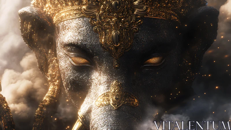 Elephant headed deity bust with ornate gold detailing.