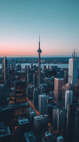 Skyline needle stitches dusk light through urban grid