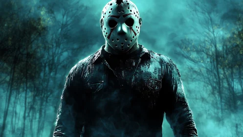 Masked figure in forest clearing with dense fog at night.