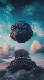 Floating stone and lone tree beneath a dreamy sky.