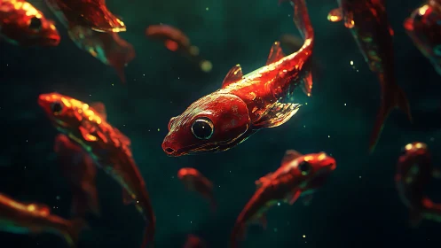 Red glowing fish school in dark underwater environment.