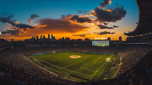 Sunset soccer stadium panorama with city skyline backdrop.
