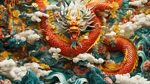 Majestic red dragon coils through ornate celestial clouds.