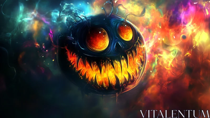 Glowing cosmic monster grins within swirling nebula fire.