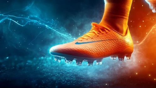 Orange soccer cleat hovers over pitch with glowing energy