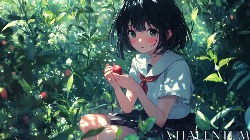 Schoolgirl cradles red berry in a sunlit hidden garden.