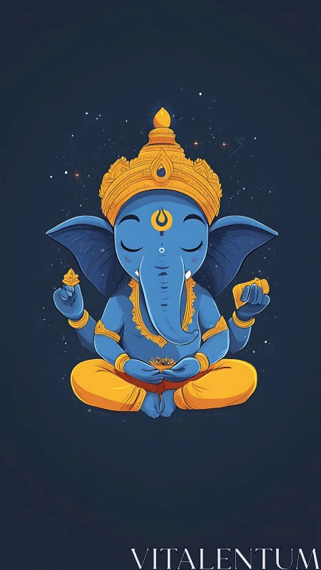 Blue Ganesha meditates in lotus pose on deep navy void