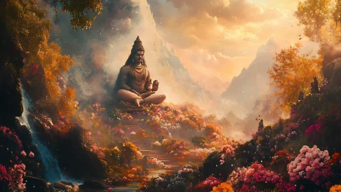 Meditating deity seated in lush, misty mountain valley