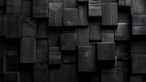Charred black wooden blocks in staggered geometric relief.