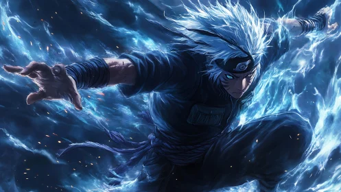 Electric ninja surges forward in a storm of crackling power