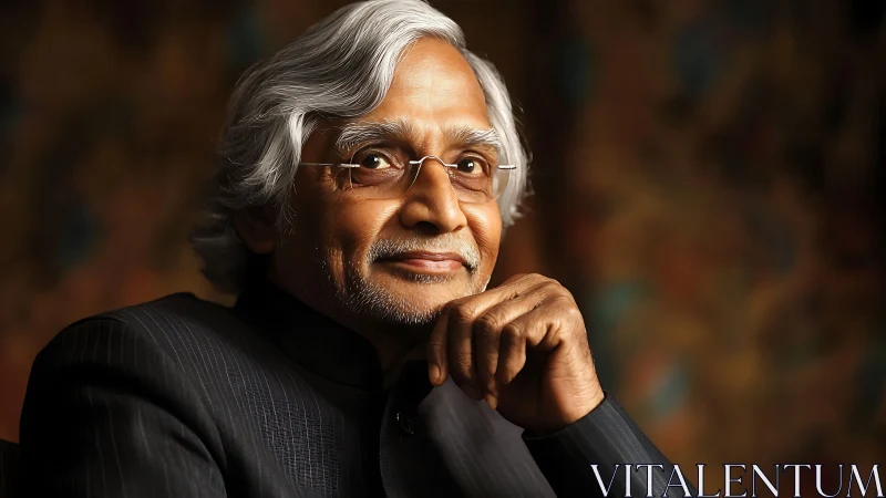 Elderly thinker in rimless glasses under warm portrait lighting.