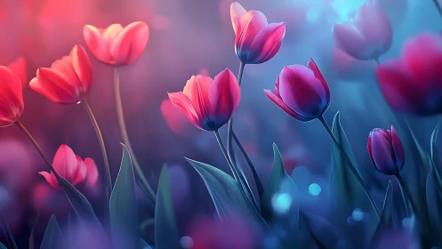 Digital Rendered Tulip Composition with Chromatic Gradient Transition and Bokeh Depth
