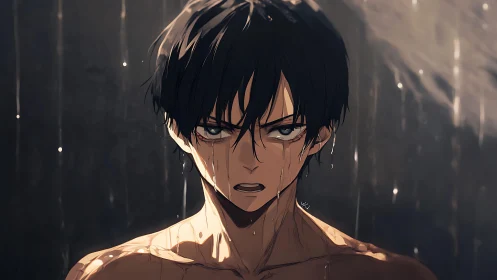 Intense wet-haired youth under cinematic rainfall lighting.