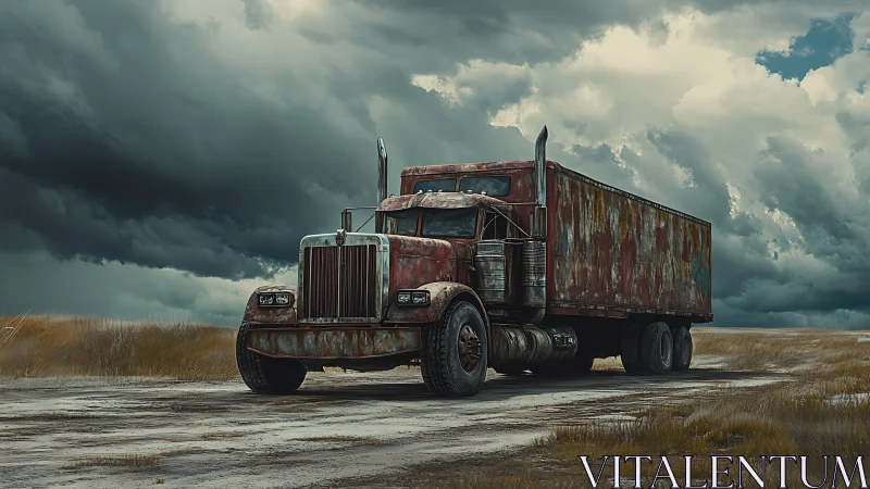 Heavily weathered semi-truck trailer stands on desolate dirt road