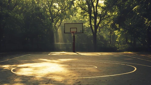 Empty outdoor court under soft morning forest light.