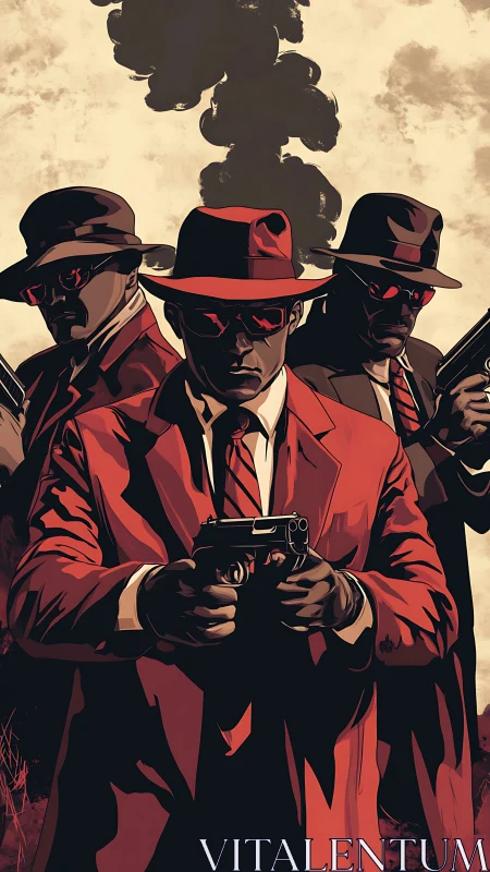 Trio of suited gunmen stride forward in smoky noir tension