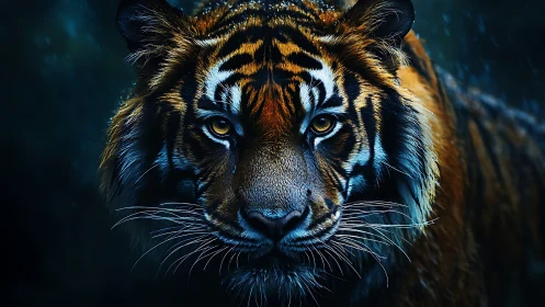 Tiger portrait glows under cold rain with piercing gaze