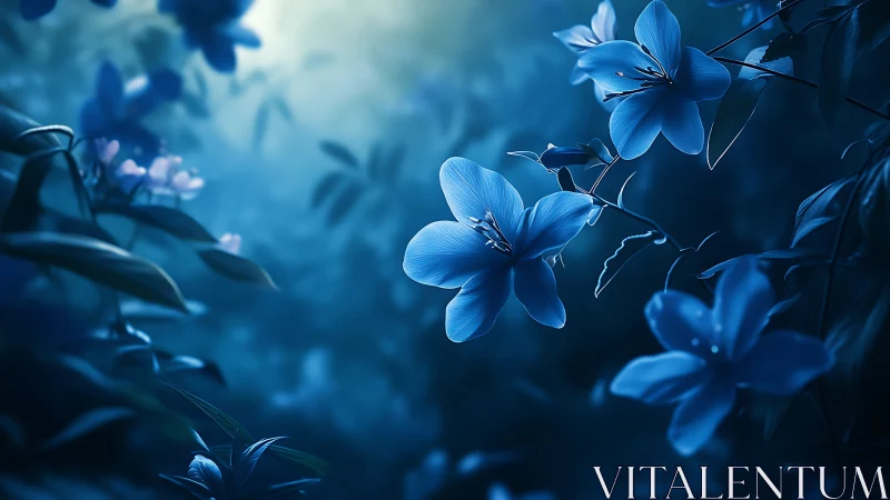 Blue Floral Composition: Ethereal Flowers in Soft-Focus Botanical Study