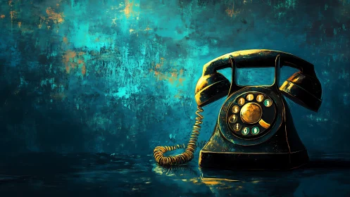Vintage rotary phone glows against moody teal backdrop