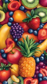 Colorful mixed fruit pattern with pineapple and berries.